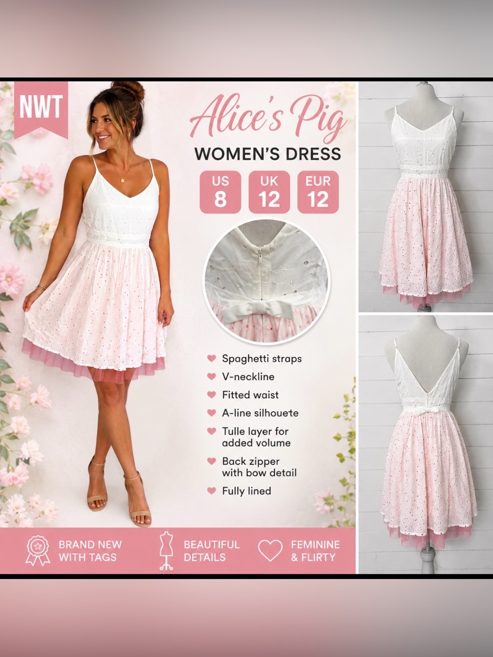 Alice’s Pig White & Pink Eyelet Fit & Flare Dress NWT size 8